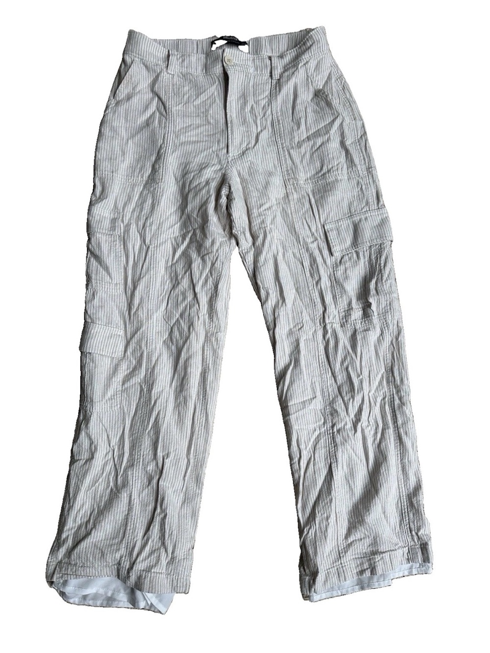 Hollister Women's Ultra High Rise Baggy Linen Cargo Pants Beige Stripe Size L